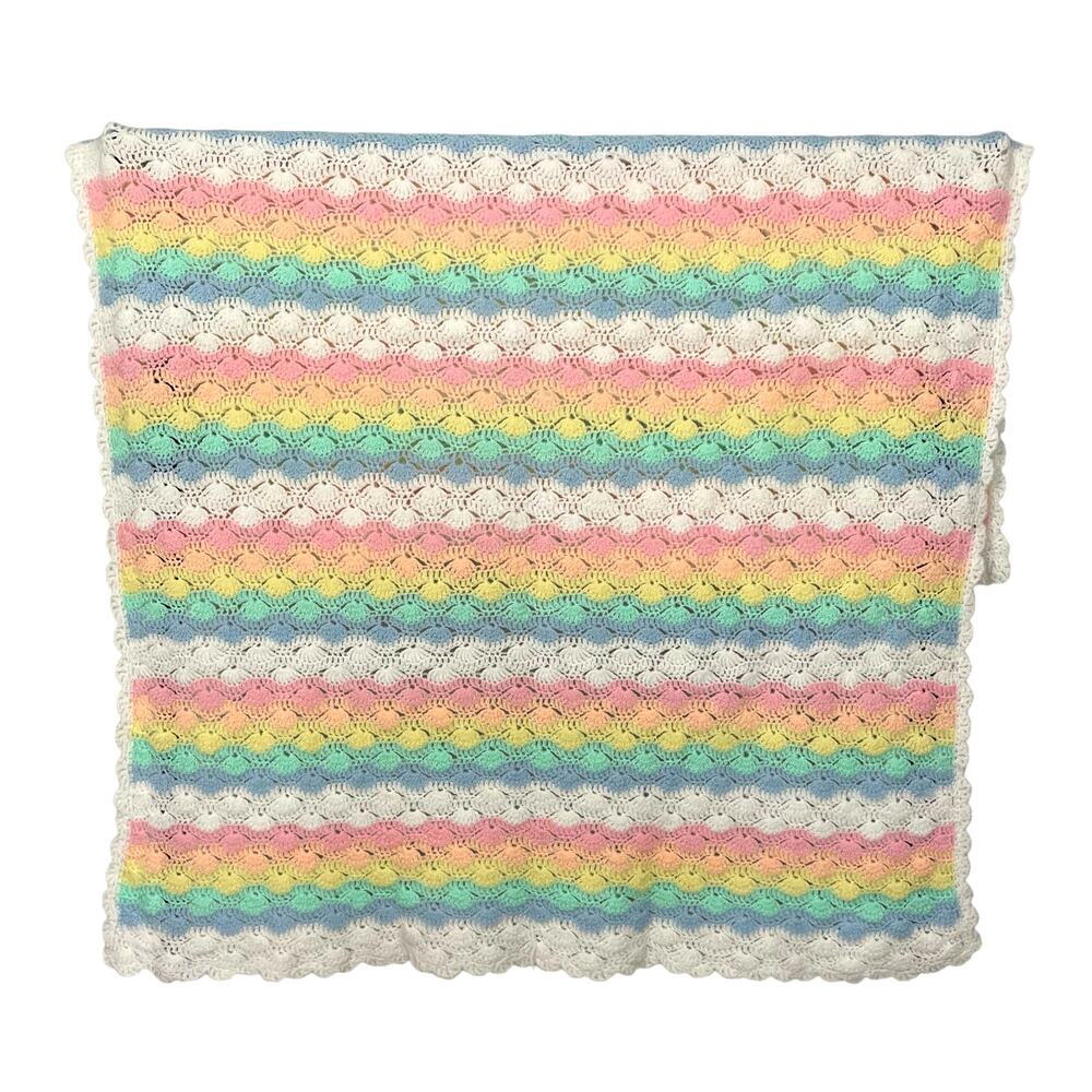Vintage Handmade Crochet Afghan Throw Blanket 32x11 Rainbow Stripe Pastel Baby